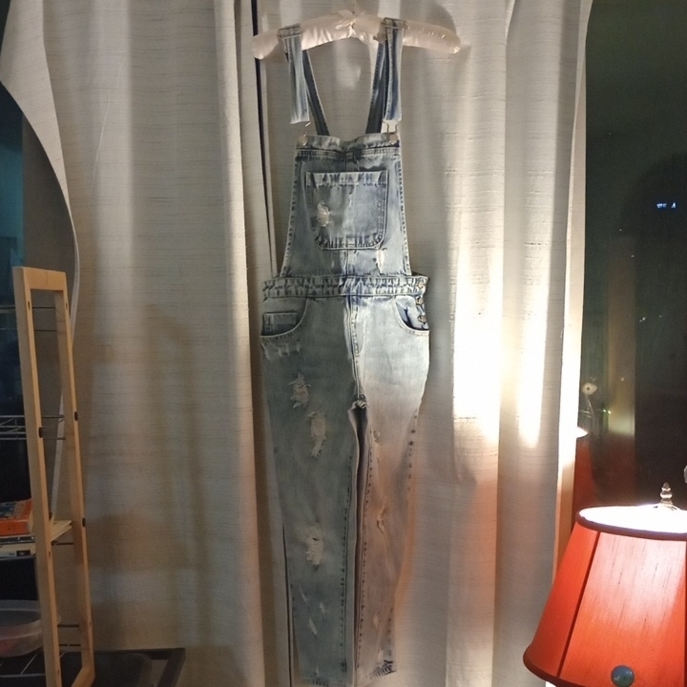 Forever 21 Stylish Light Blue Distressed Denim Overalls